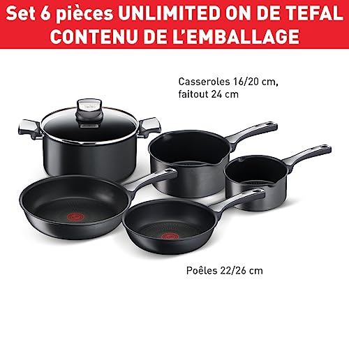Tefal Unlimited On - 20/26 cm, 3 Cazos 16/20/24 cm de acero inoxidable, sartenes antiadherentes, tapa cristal, Thermo-Signal, todo tipo de cocinas, Juego 2 sartenes + 3 cazos
