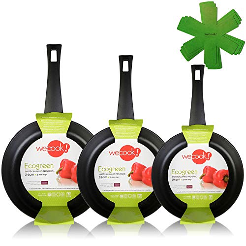 WECOOK Ecogreen Set Juego 3 Sartenes con Antiadherente ecológico sin PFOA. Apta para Todas Las cocinas, vitroceramica, Gas e Inducción. Limpieza en lavavajillas.